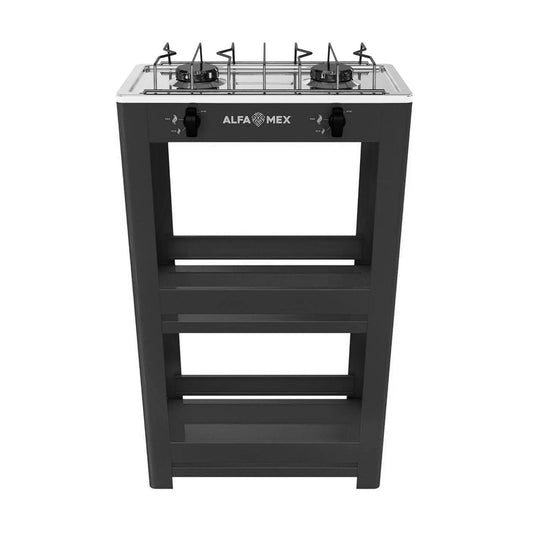 Parrilla de Gas con Estante Alfamex 2 Quemadores Negra 404