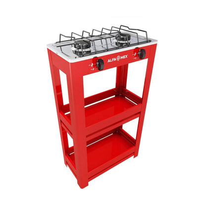 Parrilla de Gas con Estante Alfamex 2 Quemadores Roja 404