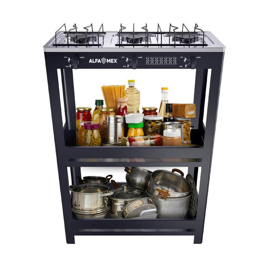 Parrilla de Gas con Estante Alfamex 3 Quemadores Negra 912