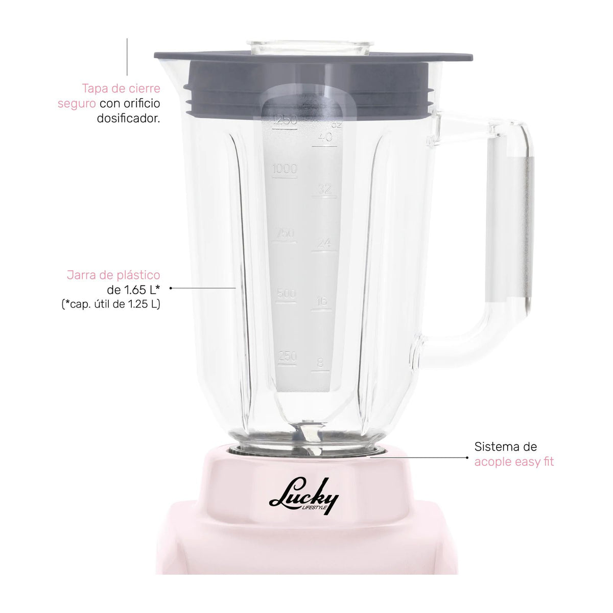 Licuadora Lucky Gyro Ribbon Vaso de Plástico 1.25 Litros 2 Velocidades Rosa