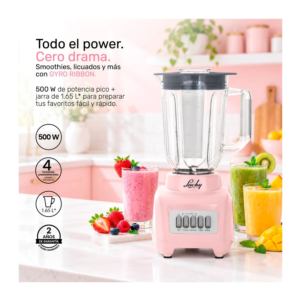 Licuadora Lucky Gyro Ribbon Vaso de Plástico 1.25 Litros 2 Velocidades Rosa
