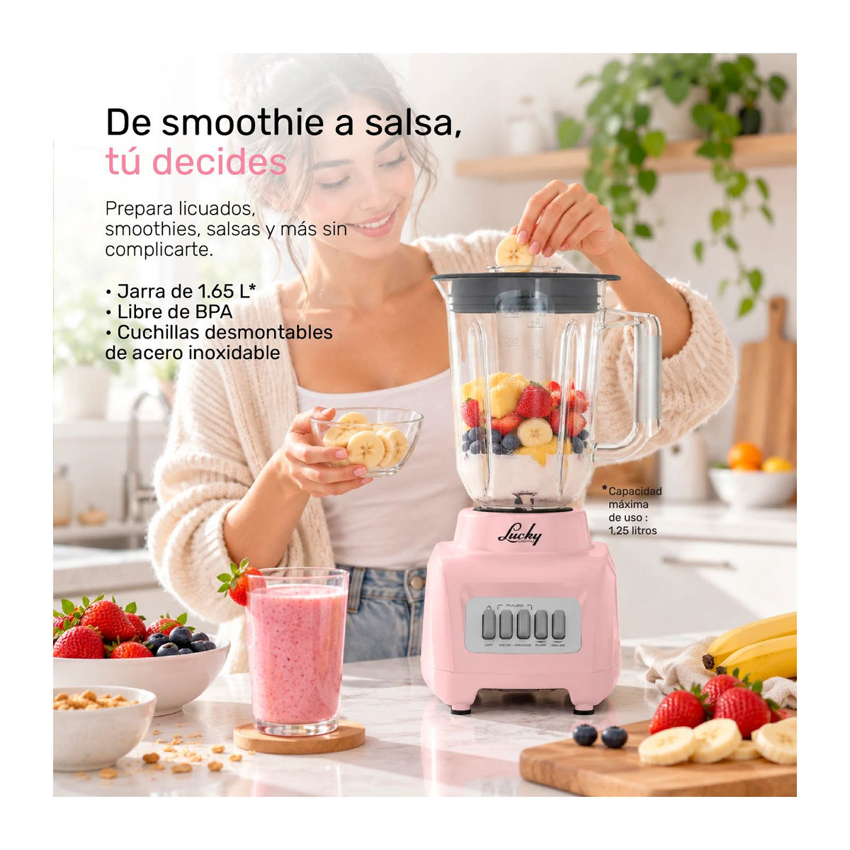 Licuadora Lucky Gyro Ribbon Vaso de Plástico 1.25 Litros 2 Velocidades Rosa