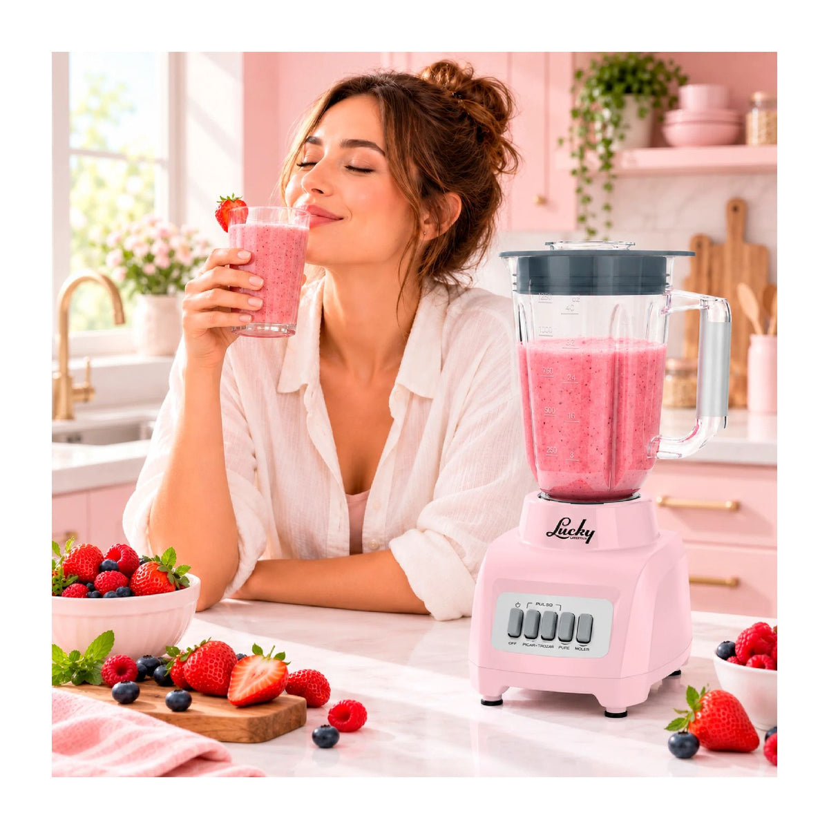 Licuadora Lucky Gyro Ribbon Vaso de Plástico 1.25 Litros 2 Velocidades Rosa