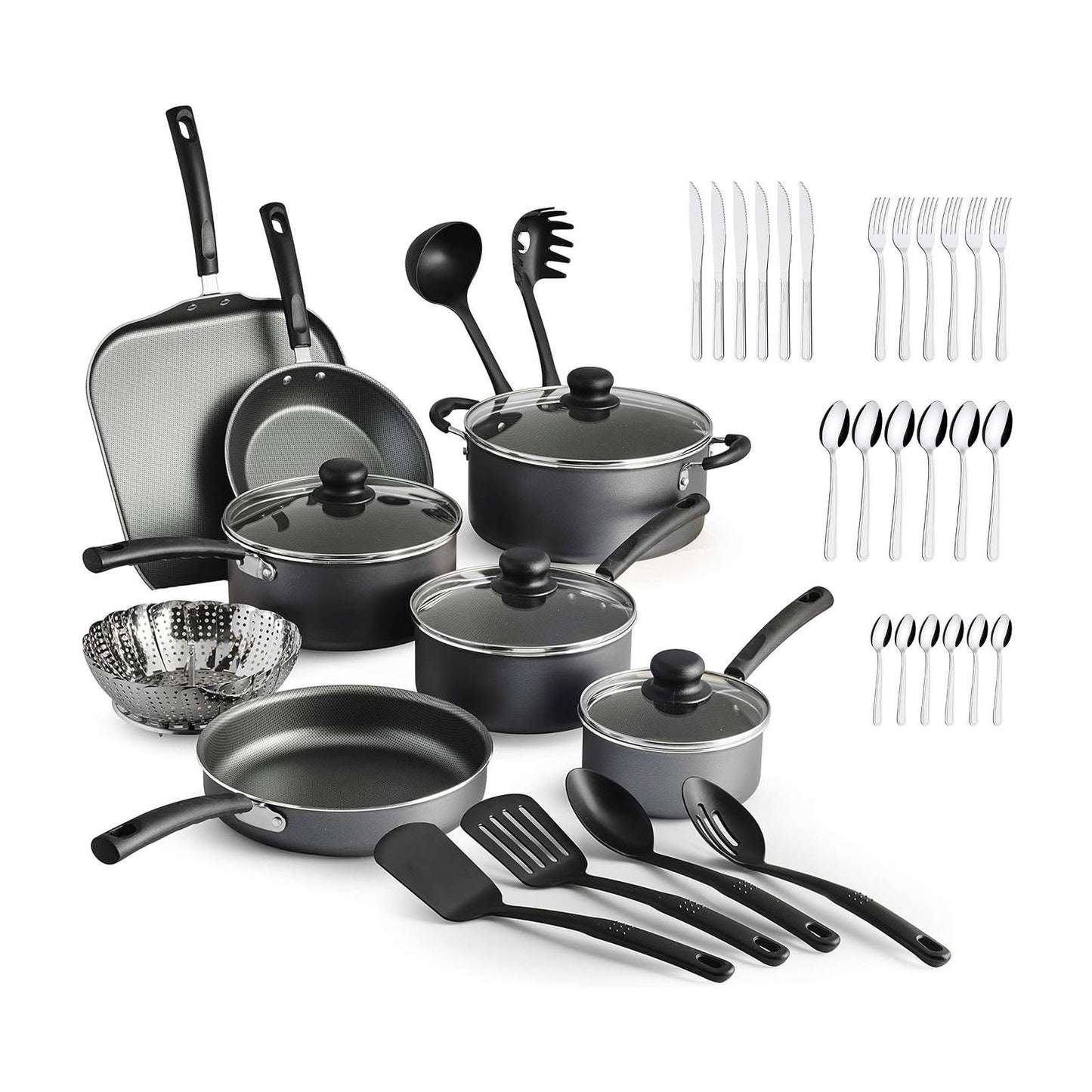 Batería de Cocina Tramontina Primaware Nonstick 18 Piezas Negra + Juego de Cubiertos 24 Piezas PAQ-32200-267